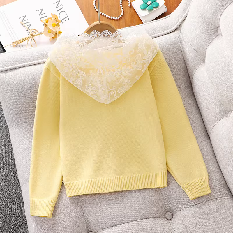 Váy áo len dệt kim có mũ trùm đầu ren cho bé gái, trang phục mùa xuân 2025, bộ hai mảnh gồm váy bánh ngọt công chúa bằng vải tuyn mới cho trẻ em