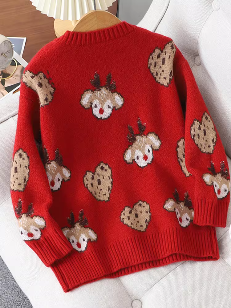 Áo len nữ cho bé gái mùa thu đông, dày dặn, dành cho trẻ lớn, kiểu dáng thời trang và giản dị, áo len dệt kim trẻ em hợp thời trang, màu đỏ Giáng sinh.
