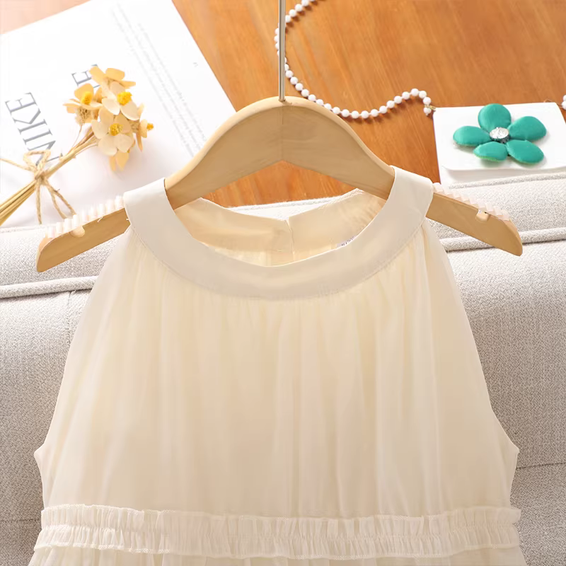 Váy hè bé gái 2025 kiểu mới chất chiffon màu tím, váy dài dây đeo, trang phục hè, áo ba lỗ cho bé lớn, váy công chúa