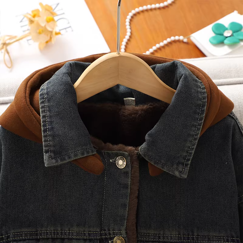 Áo khoác denim có mũ lót lông cừu cho bé gái, thời trang mùa đông 2025, kiểu dáng cổ điển dày dặn, chất liệu lông cừu