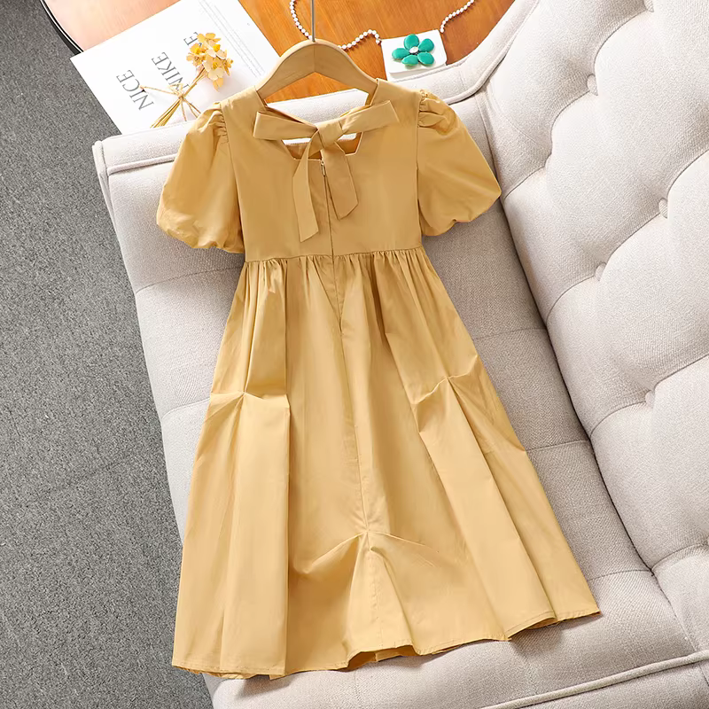 Váy tay phồng cho bé gái, kiểu dáng mỏng mùa hè, kiểu mới 2025, váy cổ vuông cho bé gái, váy mùa hè cho bé gái lớn, váy công chúa.