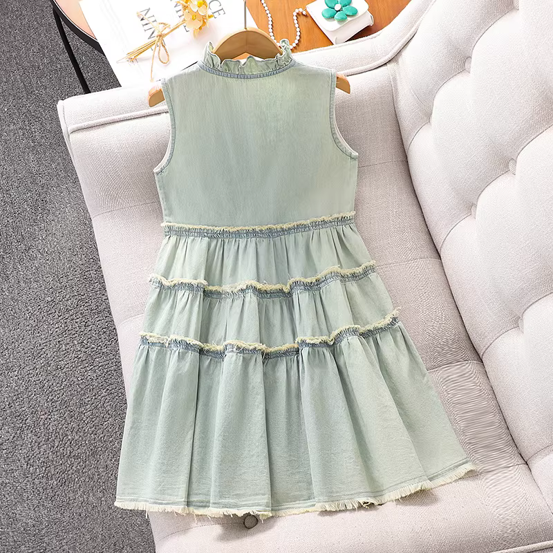 Váy bé gái hè 2025 kiểu mới, váy denim không tay, phong cách Hàn Quốc, váy trẻ em mỏng, kiểu thường ngày