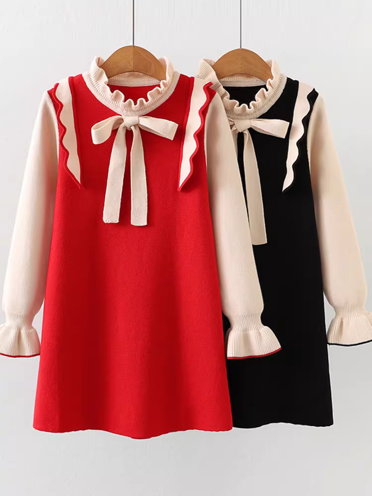 Váy bé gái thu đông 2025 mẫu mới áo len dệt kim công chúa màu đỏ đầm áo len thời trang Tết