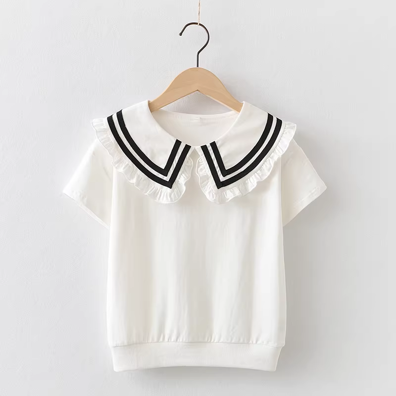 Áo thun bé gái mùa hè ngắn tay chất liệu cotton nguyên chất kiểu dáng mới thời trang dành cho trẻ em cỡ trung đến lớn áo nửa tay kiểu dáng hải quân dành cho trẻ em mặc mùa hè 9