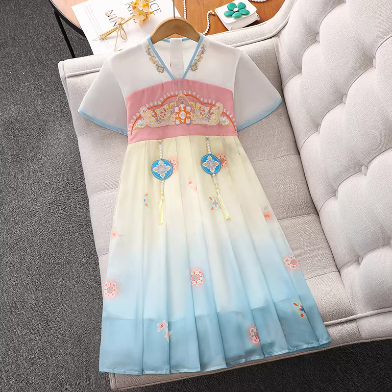 Váy mùa hè kiểu cổ điển cho bé gái 2025, quần áo trẻ em mới, váy Hanfu kiểu Trung Hoa, váy Tang phục mùa hè cho bé gái