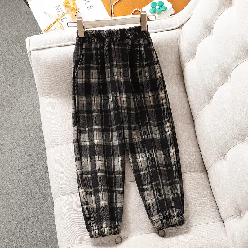 Quần kẻ sọc lót lông cừu cho bé gái mùa thu đông 2025, quần jogger dày dặn mới dành cho trẻ lớn, quần giữ ấm mùa đông cho trẻ em