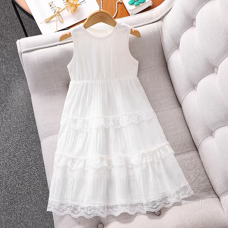 Váy liền thân bé gái hè 2025 kiểu mới, áo vest denim bé gái, váy bánh bèo, trang phục hè, váy trắng trẻ em