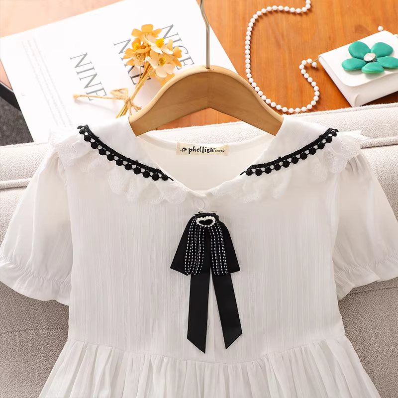 Váy phong cách preppy dành cho bé gái mùa hè váy sơ mi ngắn tay màu trắng phong cách mới dành cho bé gái lớn hơn Váy công chúa cotton nguyên chất dành cho trẻ em