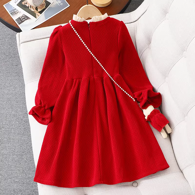 Váy bé gái thu đông 2024 kiểu mới, váy công chúa đỏ cho bé lớn có lớp lông cừu, trang phục Tết thiếu nhi