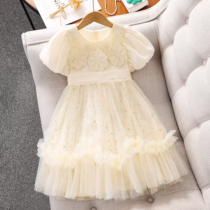 Váy bé gái 2025 kiểu hè mới, váy tutu lưới ngắn tay cho bé gái lớn, váy công chúa bánh ngọt mùa hè