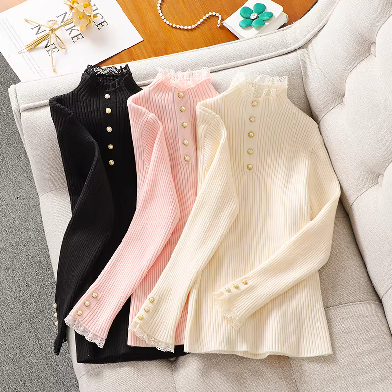 Áo len lót trong cho bé gái 2025, mẫu mới thu đông, viền ren, chất liệu dệt kim, kiểu dáng thời trang