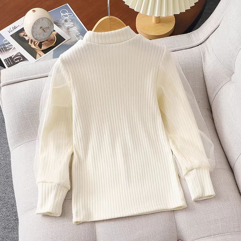 Áo len lớp lót cho bé gái mùa thu đông, kiểu mới 2025, áo kiểu dáng thời trang tay đèn cho bé gái lớn.