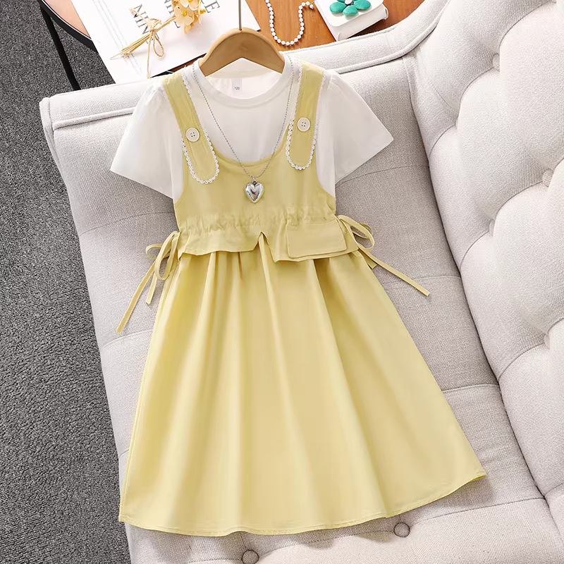 Váy công chúa hai mảnh giả dạng cho bé gái, váy mùa hè cho bé gái lớn tuổi, mẫu mới 2025, váy yếm ngắn tay, váy trẻ em mùa hè