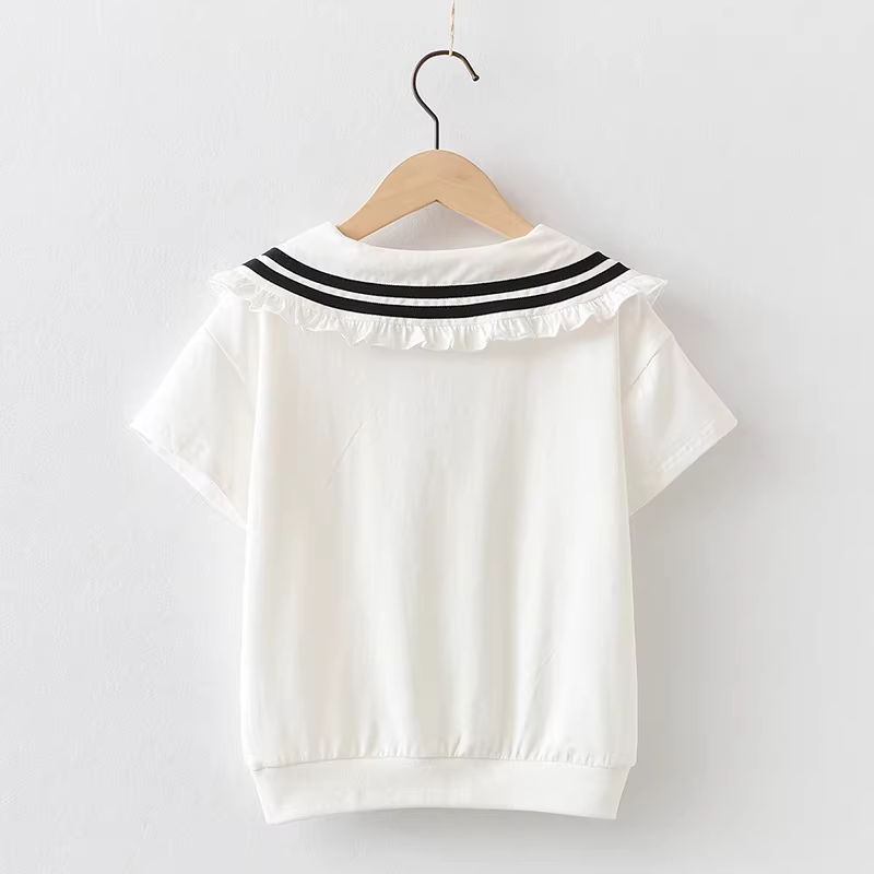 Áo thun bé gái mùa hè ngắn tay chất liệu cotton nguyên chất kiểu dáng mới thời trang dành cho trẻ em cỡ trung đến lớn áo nửa tay kiểu dáng hải quân dành cho trẻ em mặc mùa hè 9