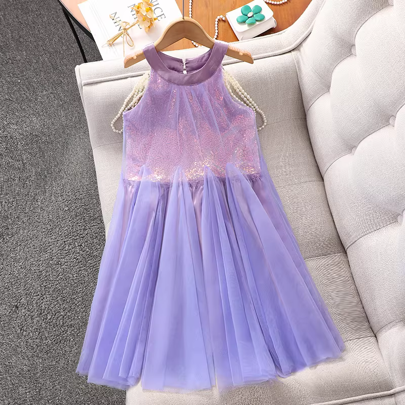 Váy công chúa lưới siêu tiên nữ mùa hè 2025 kiểu mới, váy liền thân không tay cho bé gái, váy dây
