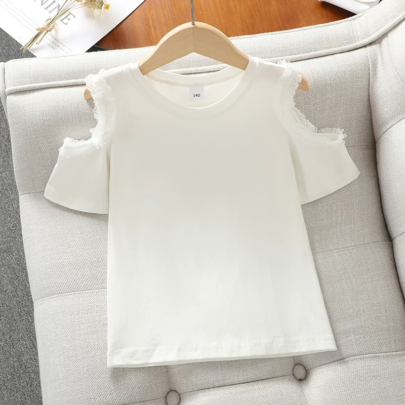 Áo thun ngắn tay cho bé gái, chất liệu cotton nguyên chất, phong cách mùa hè, áo trắng trễ vai, quần áo mùa hè mới 2025, quần áo trẻ em, áo thun