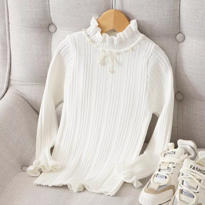 Áo len lớp lót cho bé gái Áo len mùa thu đông Quần áo trẻ em dành cho trẻ lớn hơn Trang phục mùa đông cổ cao nửa cổ có diềm xếp nếp Áo len dệt kim lớp lót cho trẻ em