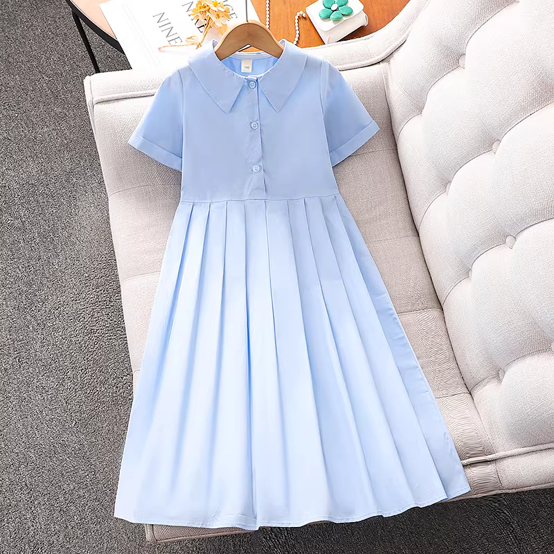 Váy trắng bé gái mùa hè kiểu mới, váy cổ POLO trẻ em kiểu dáng mỏng, váy công chúa xếp ly mùa hè cho bé gái lớn