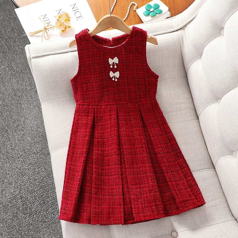 Bộ trang phục Tết kiểu Chanel cho bé gái, váy cotton Tết Nguyên đán 2025, quần áo mùa đông cho bé gái, trang phục chúc mừng năm mới.