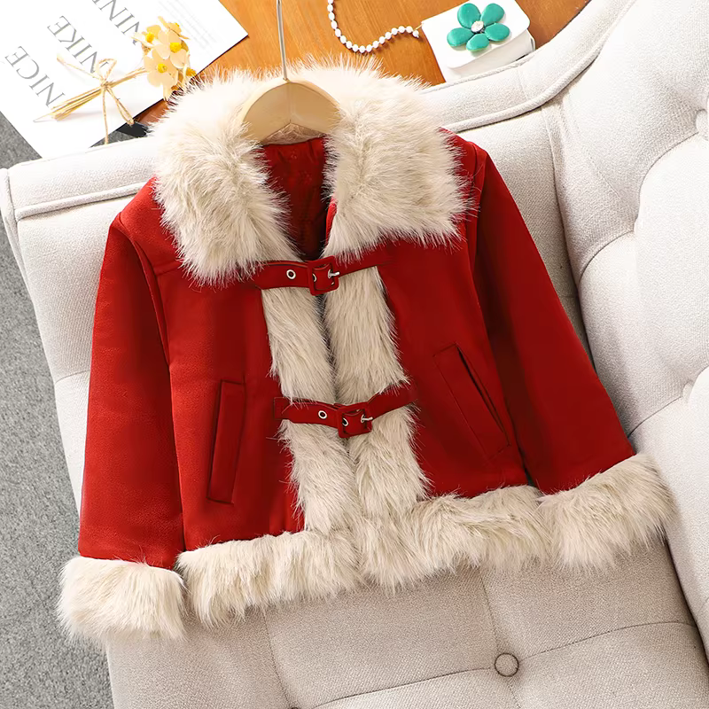 Trang phục phong cách Chanel dành cho bé gái, váy đỏ dày dặn thời trang cho trẻ em, phong cách thu đông, bộ váy hai mảnh dành cho bé gái lớn.