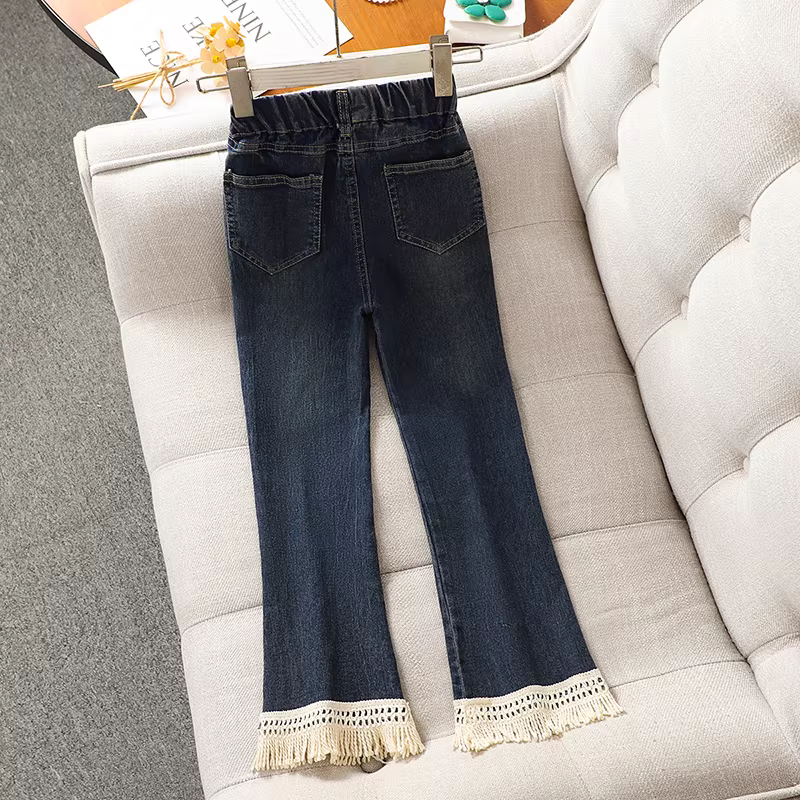 Quần jean xòe mùa xuân thu cho bé gái lớn, kiểu mới 2025, quần chuông rách cá tính, quần dài trẻ em mùa thu.