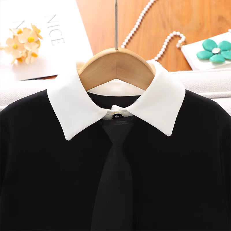 Váy áo kiểu preppy cổ POLO cho bé gái, mẫu mới xuân 2025, áo thun dài tay cho bé gái, trang phục mùa xuân