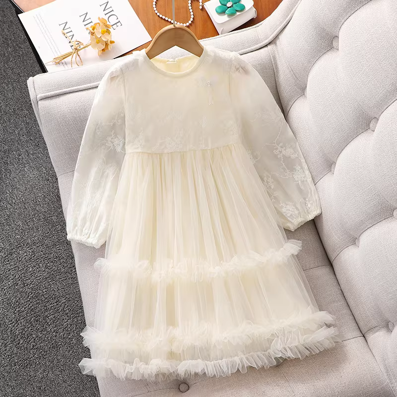 Váy bé gái xuân 2025 mẫu mới, váy công chúa lưới trẻ em, váy bánh bèo tay dài mùa xuân thu cho bé gái