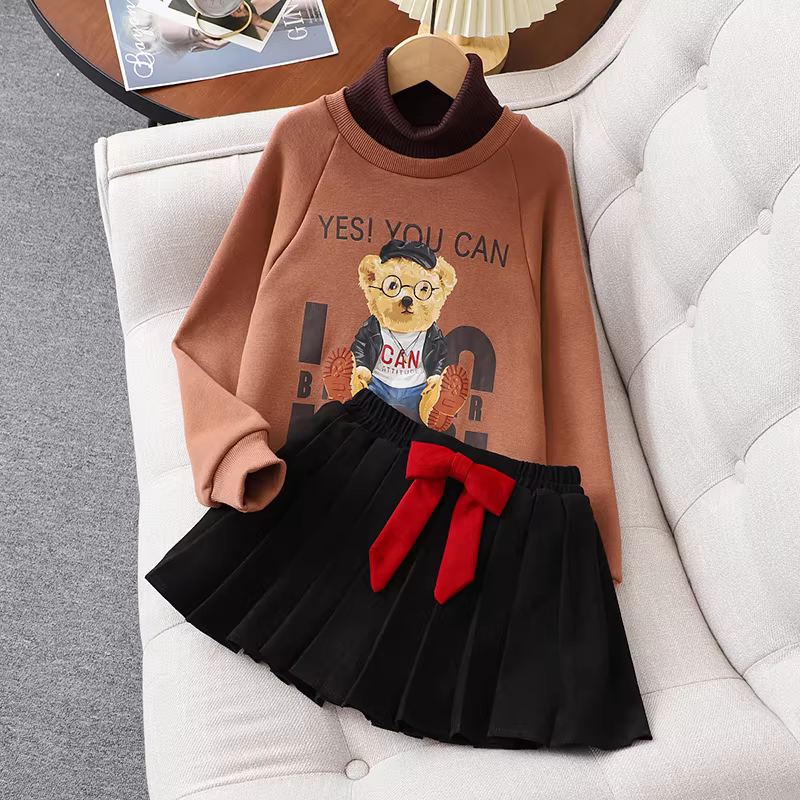 Bộ đồ nỉ bé gái thu đông 2025 kiểu dáng mới màu đỏ thời trang Tết, áo sweatshirt và chân váy hai mảnh size trung và lớn