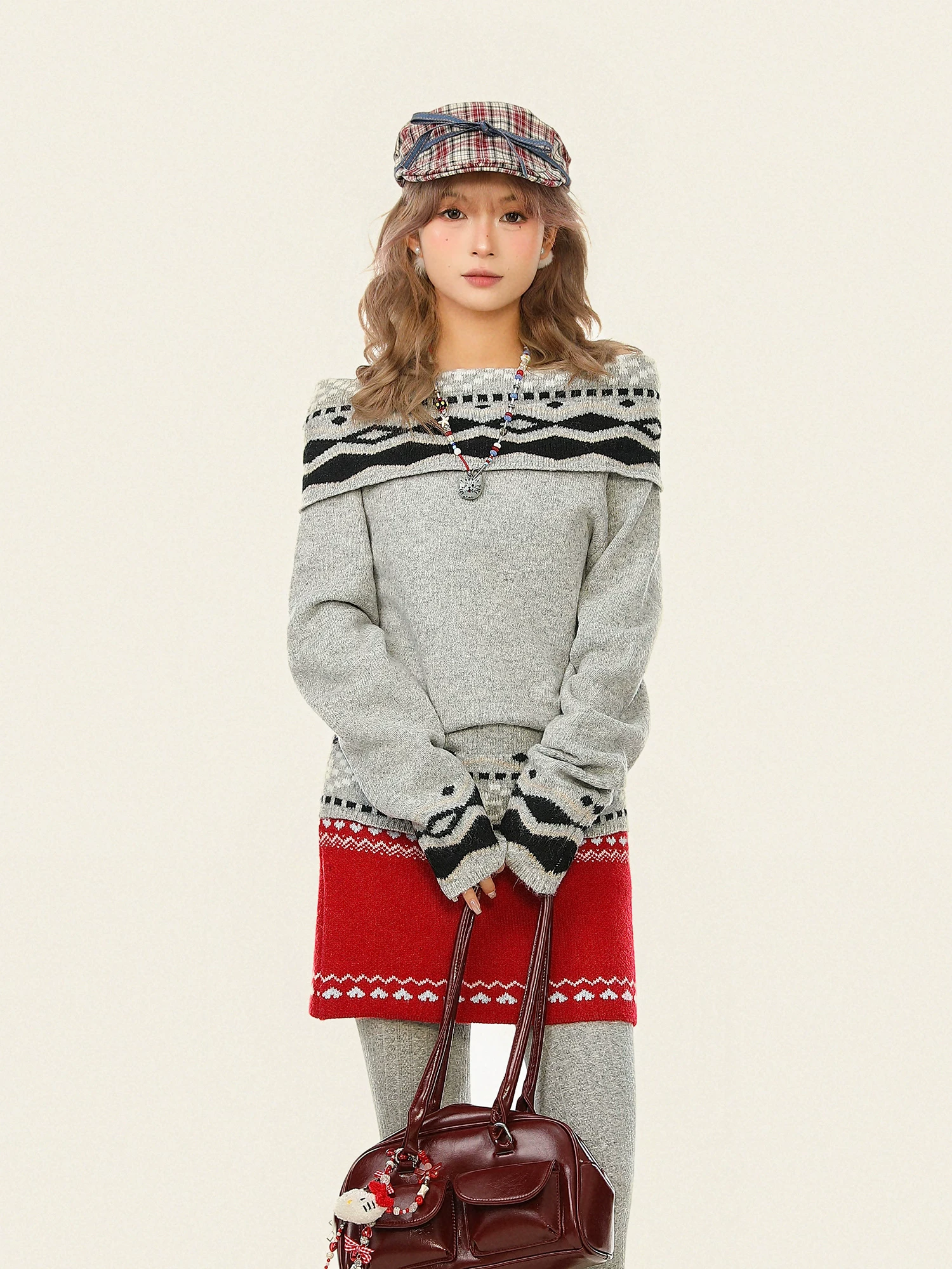 Áo len trễ vai kiểu Fair Isle ngọt ngào phong cách Hàn Quốc dành cho nữ, trang phục Giáng sinh mùa thu đông, áo dệt kim kiểu dáng lười biếng.