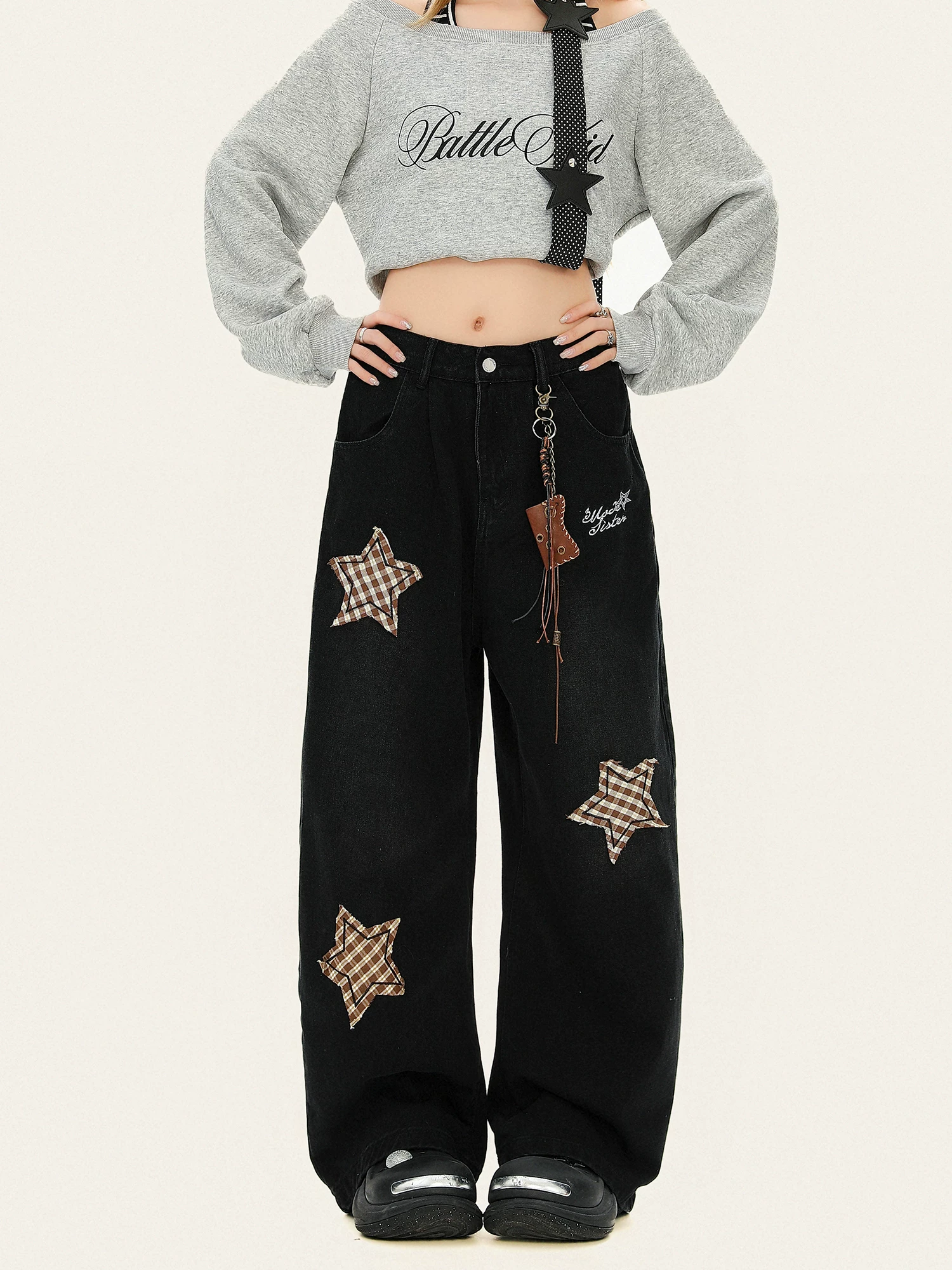 Quần jeans ống đứng kiểu Mỹ cổ điển phối họa tiết sao dành cho nữ, thương hiệu thời thượng, dáng ôm, quần ống rộng thoải mái.