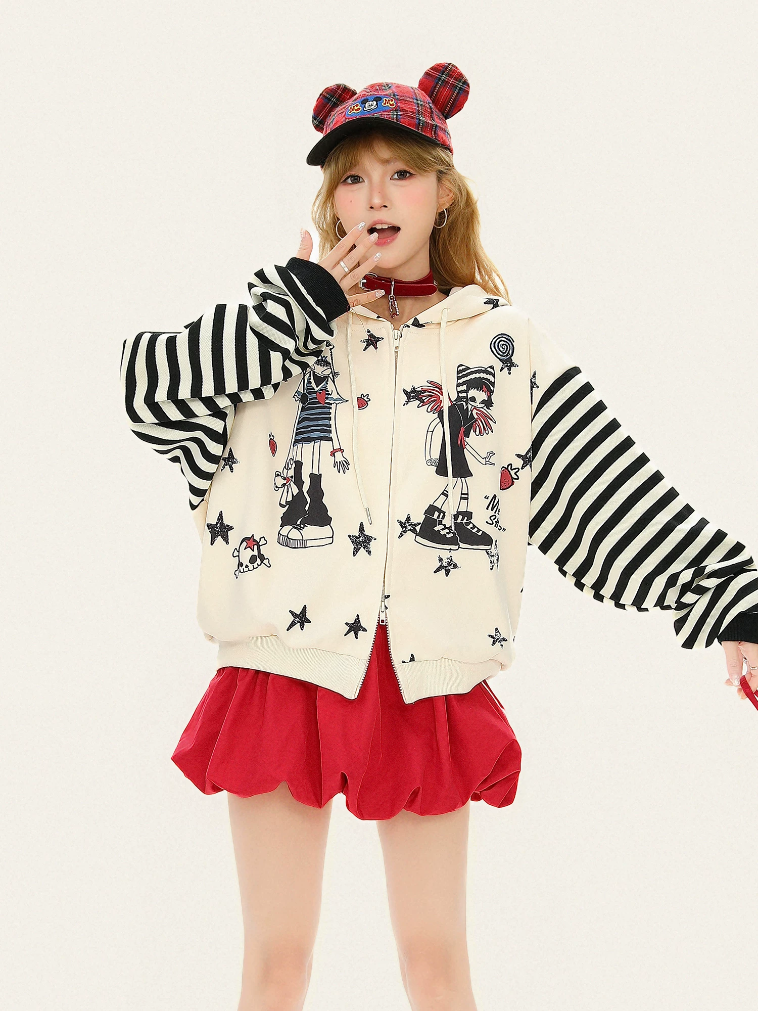 Áo hoodie in họa tiết hoạt hình dễ thương dành cho nữ, áo khoác cardigan có mũ trùm đầu dáng rộng thoải mái mùa thu.