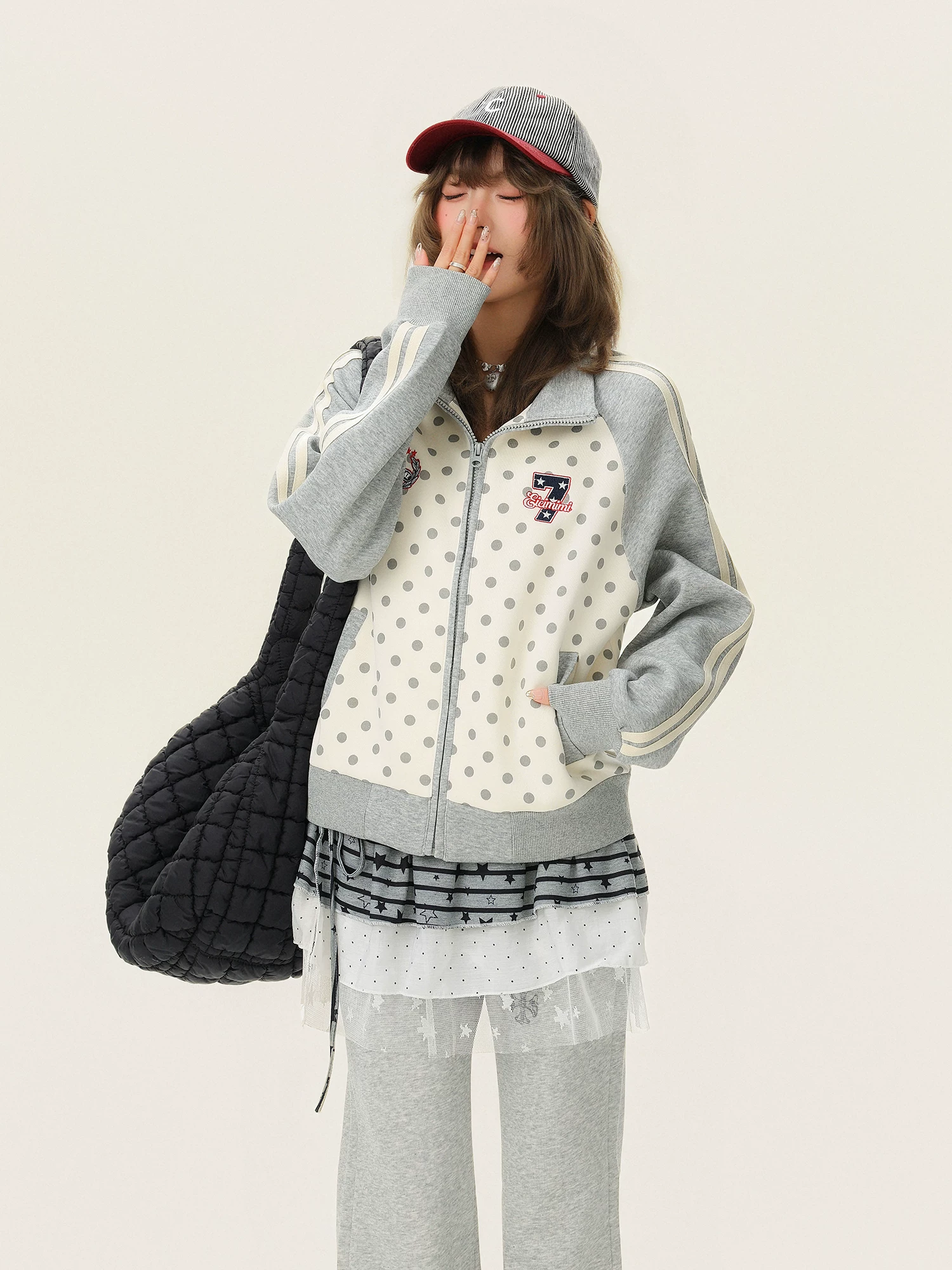 Áo nỉ chắp vá thêu sọc chấm bi hợp thời trang dành cho nữ, áo khoác cardigan dáng rộng phong cách Hàn Quốc thể thao mùa xuân.