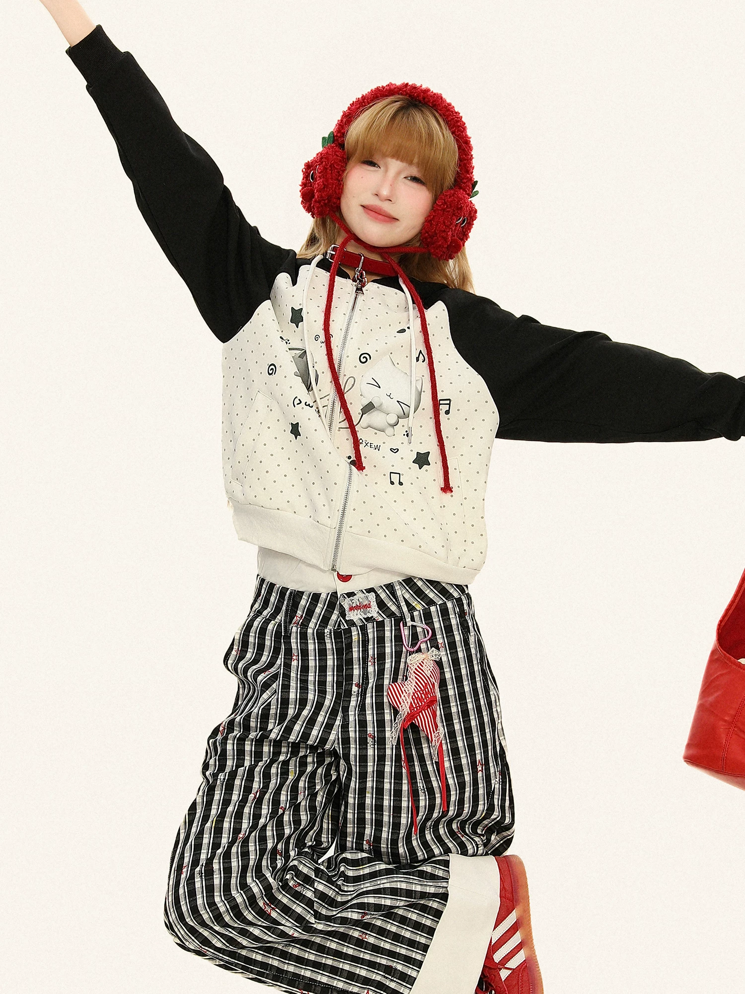 Áo khoác có mũ trùm đầu in họa tiết hoạt hình dễ thương chấm bi dành cho nữ, áo khoác cardigan dáng rộng ngọt ngào mùa thu Y2K.