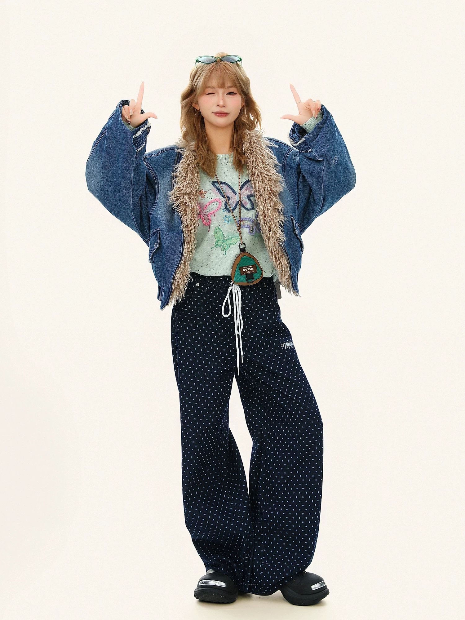 Áo khoác cotton denim chắp vá cổ lông thiết kế cổ điển kiểu Mỹ Bulu Biscuit dành cho nữ, áo khoác đệm ấm mùa đông.