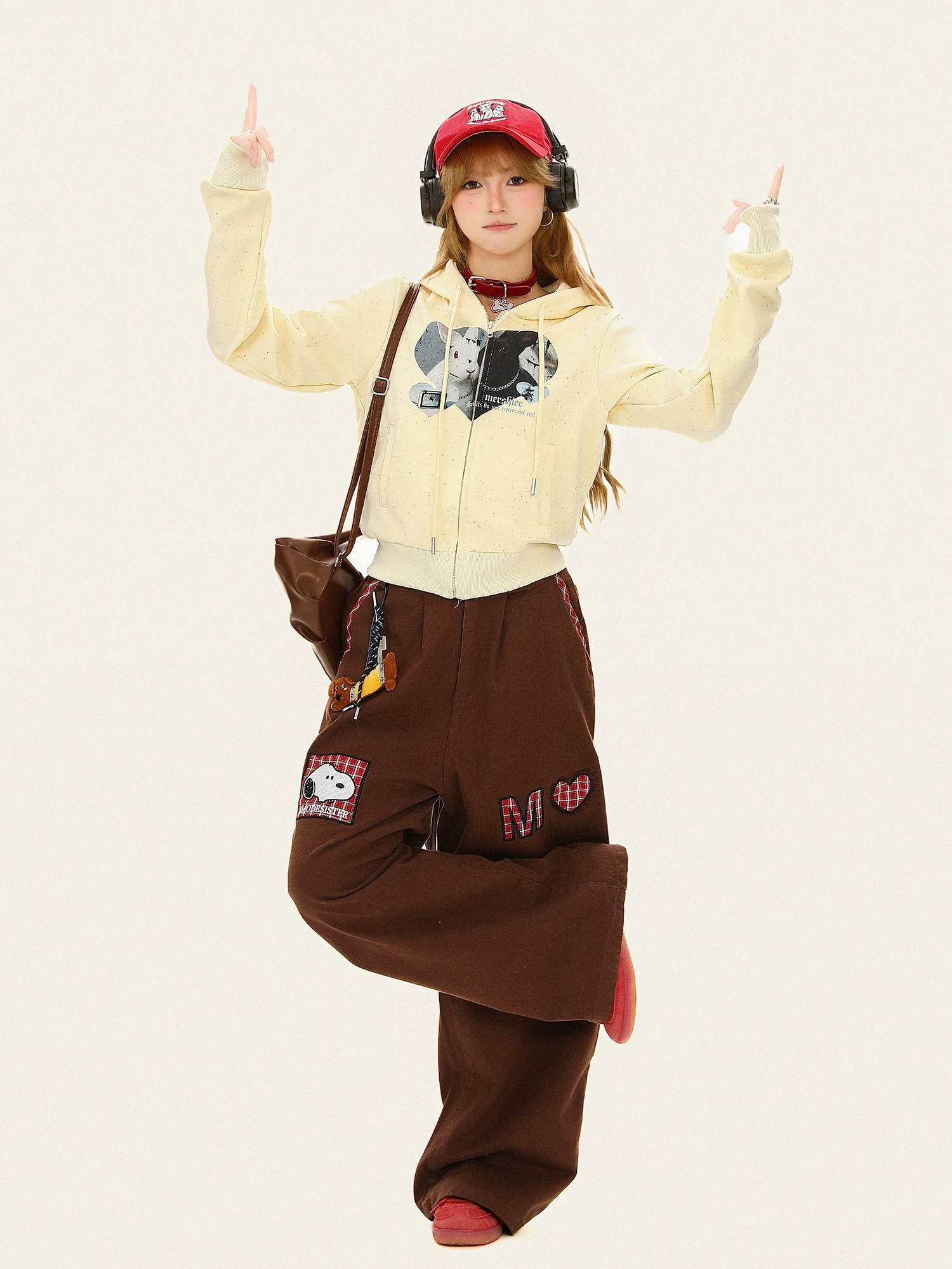 Áo nỉ có mũ in hình chú thỏ kiểu Mỹ Bulu Biscuit dành cho nữ, áo khoác cardigan ngắn dáng rộng thông thường cho mùa thu.