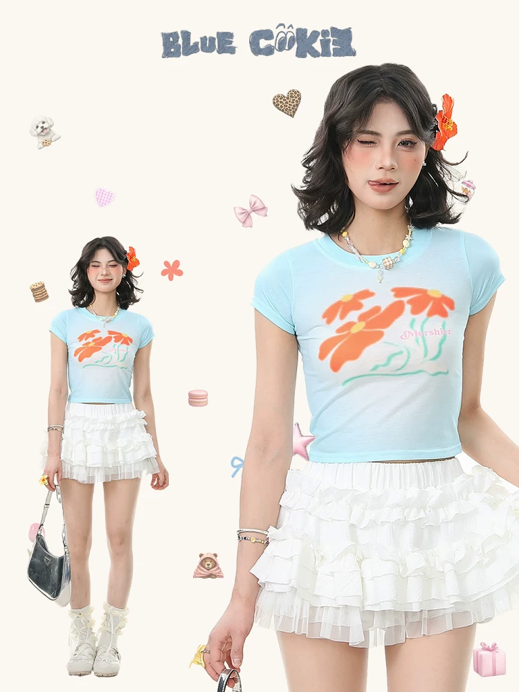 Bulu Biscuit Sweet Dopamine In hoa Áo thun ngắn tay vai thường dành cho nữ Mùa hè Slim Fit Crop Top