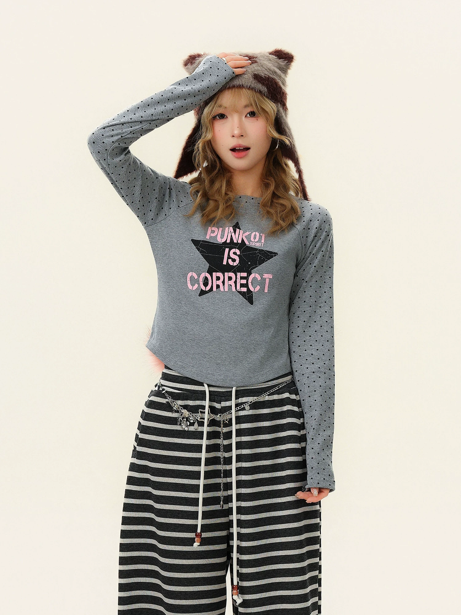 Bulu Biscuit Star Polka Dot Raglan Áo thun dài tay dành cho nữ Slim Fit Giảm béo Lớp nền đa năng Cổ điển hàng đầu