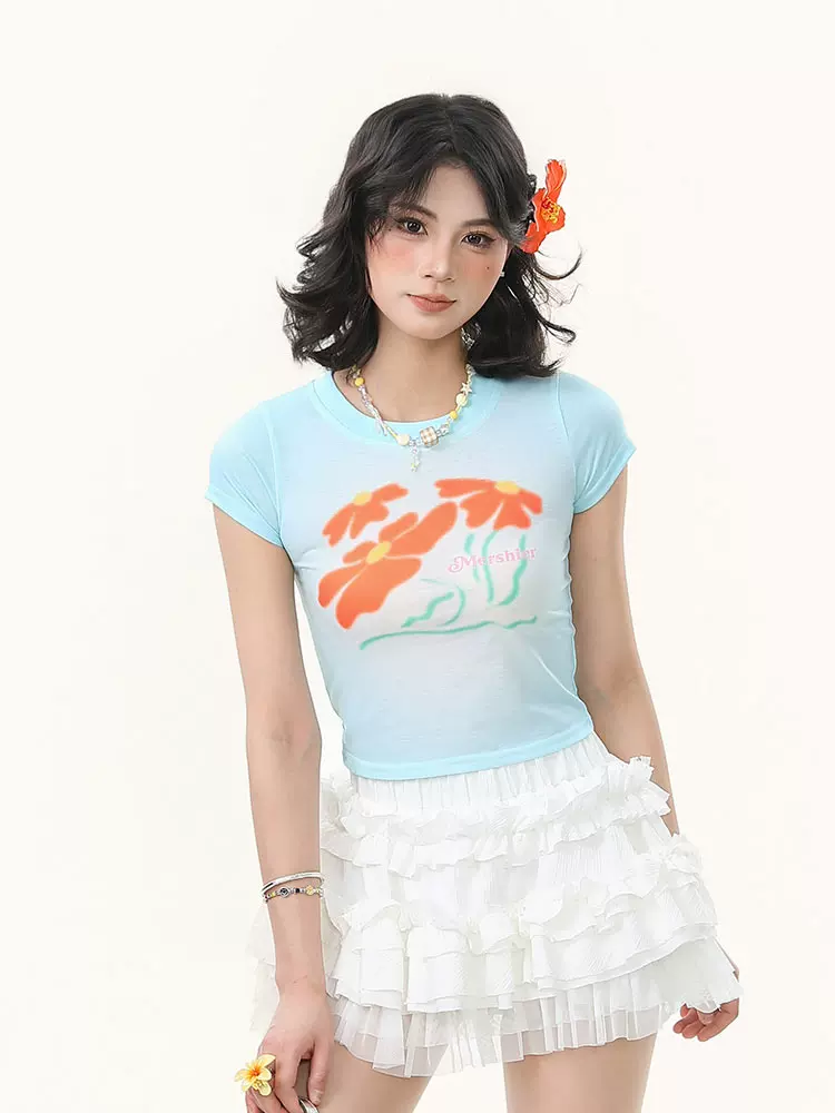Bulu Biscuit Sweet Dopamine In hoa Áo thun ngắn tay vai thường dành cho nữ Mùa hè Slim Fit Crop Top