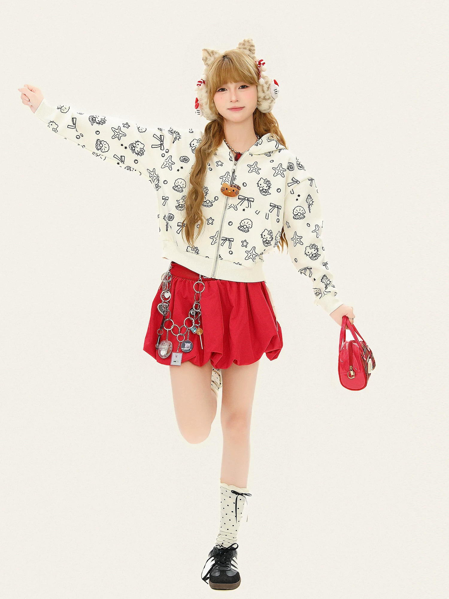 Áo nỉ có mũ ngắn in hình mèo Kitty dễ thương dành cho nữ, áo khoác cardigan thiết kế rộng rãi mùa thu.