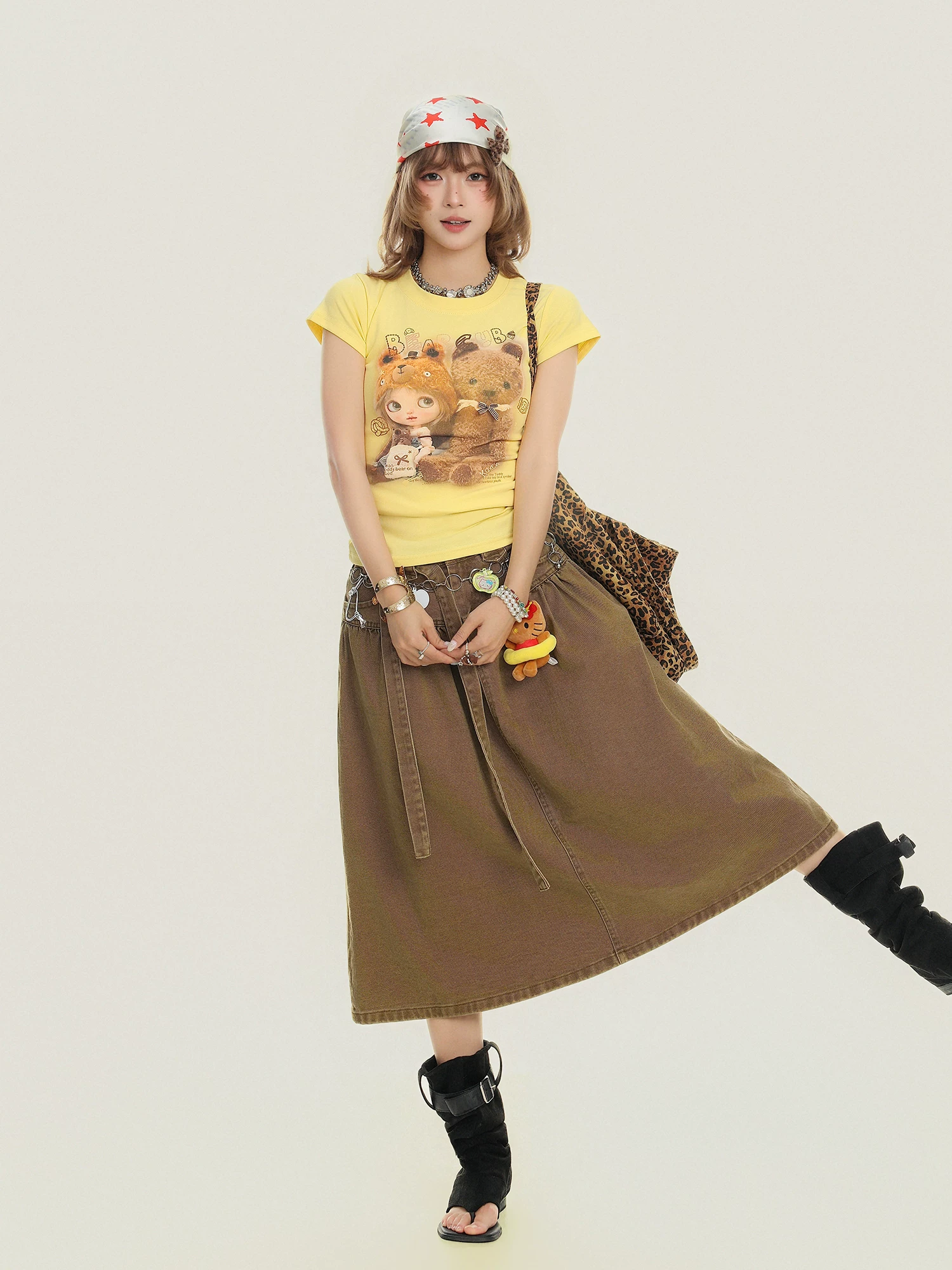 Bulu Biscuit Sweet Cool Spicy Girl Phong Cách Hoạt Hình Gấu Áo Thun Nữ Tay Ngắn Cho Nữ Mùa Hè Slim Fit Ngắn Top