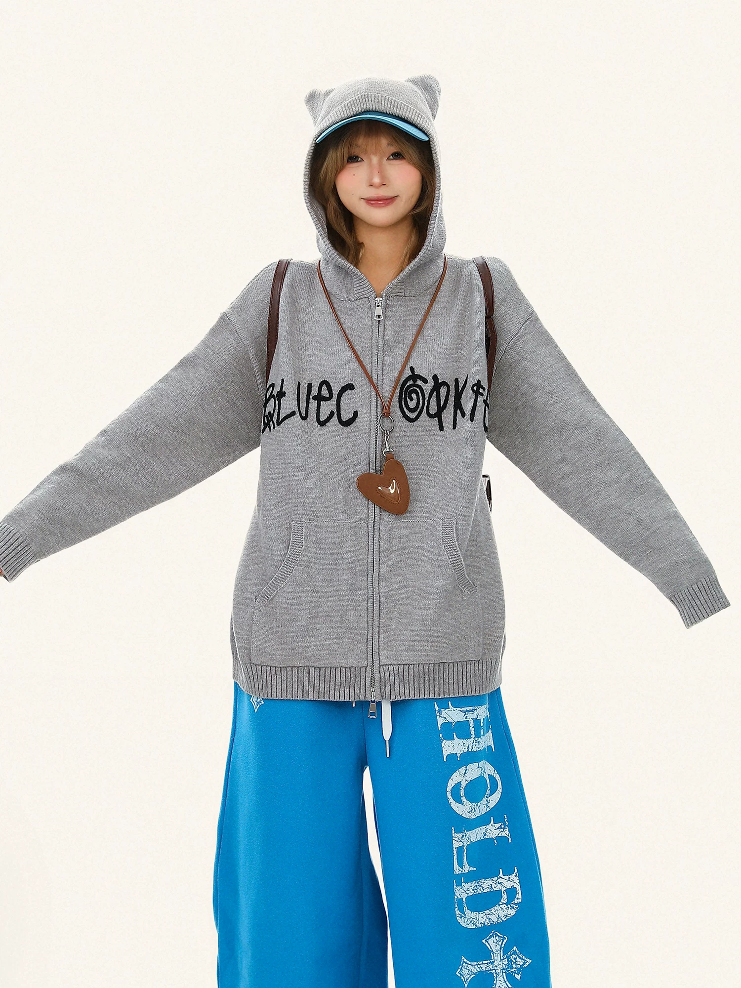 Áo khoác len có mũ tai mèo lấy cảm hứng từ thiết kế Bulu Biscuit dành cho nữ, áo cardigan dệt kim dáng rộng phong cách lười biếng mùa thu đông.