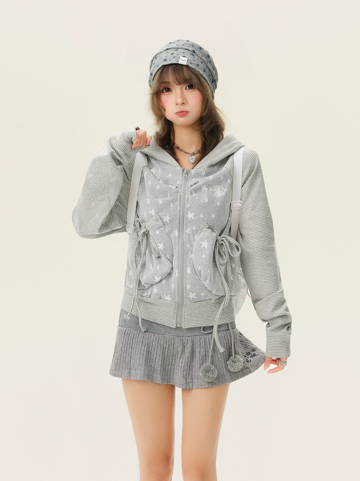 Áo nỉ có mũ trùm đầu kiểu Hàn Quốc ngọt ngào, họa tiết sao sọc, dành cho nữ, áo khoác cardigan ngắn thiết kế mùa xuân.