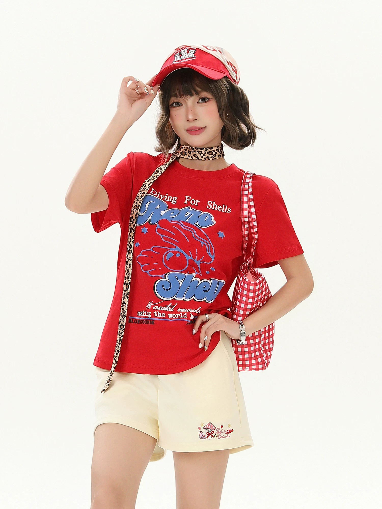 Áo thun ngắn tay in chữ Bulu Biscuit Shell dành cho nữ, áo thun dáng rộng thông thường mùa hè, áo thun đa năng giảm béo thông thường.