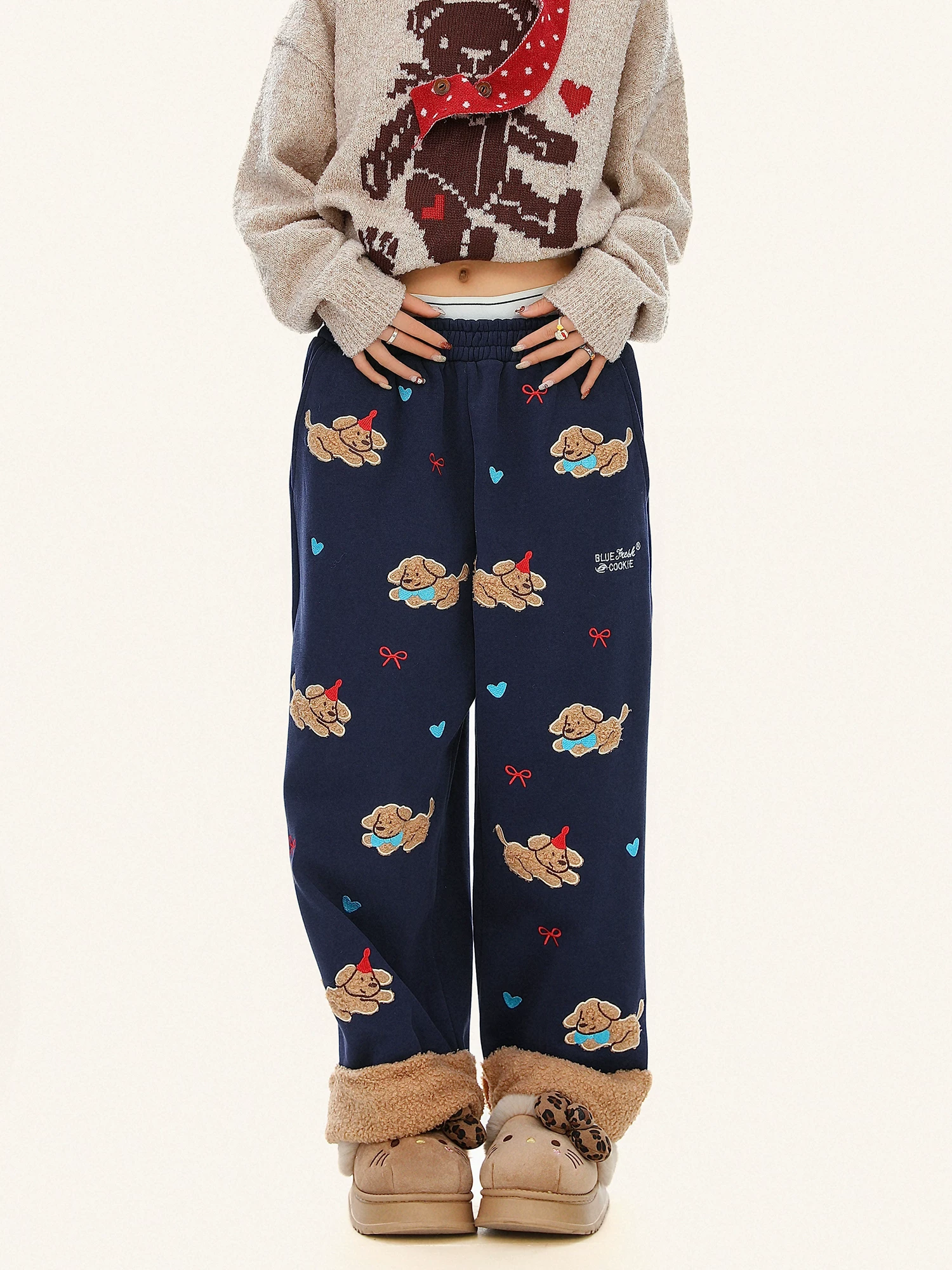 Quần cotton thêu hình chú chó dễ thương, viền cuộn, may chần bông dành cho nữ, quần ấm mùa đông mặc thường ngày, thích hợp cho hoạt động ngoài trời.