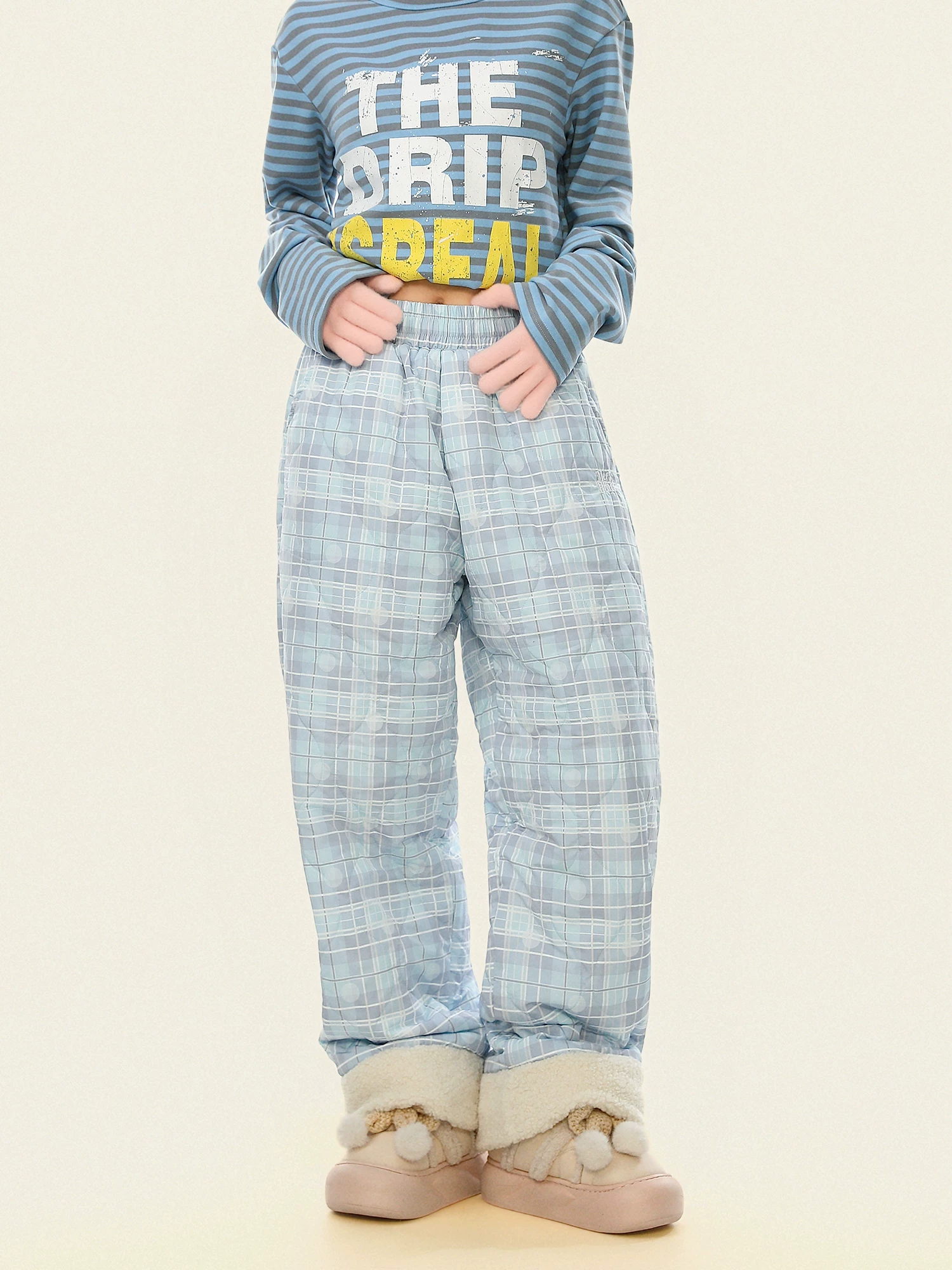 Quần cotton chắp vá bằng len cừu kẻ sọc dành cho nữ, quần ống đứng dày dặn phong cách lười biếng ấm áp mùa đông.