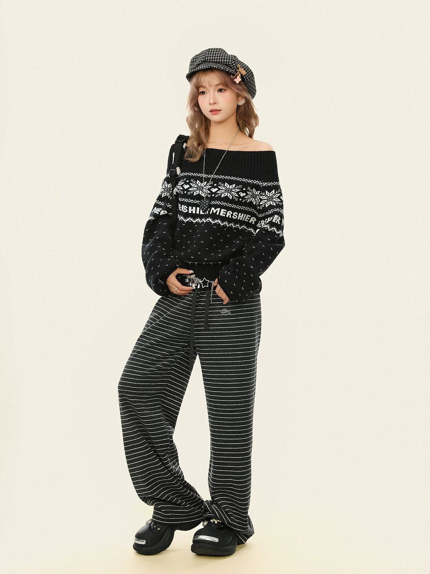 Áo len trễ vai kiểu Fair Isle phong cách Hàn Quốc dành cho nữ, kiểu dáng lười biếng mùa thu đông, áo len dệt kim rộng rãi kiểu Giáng sinh.