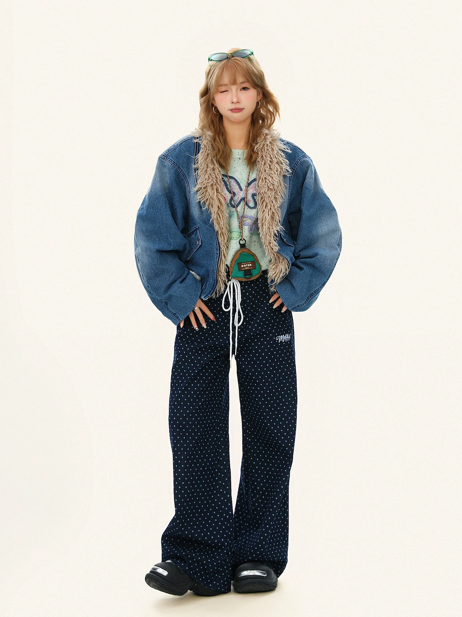 Áo khoác cotton denim chắp vá cổ lông thiết kế cổ điển kiểu Mỹ Bulu Biscuit dành cho nữ, áo khoác đệm ấm mùa đông.