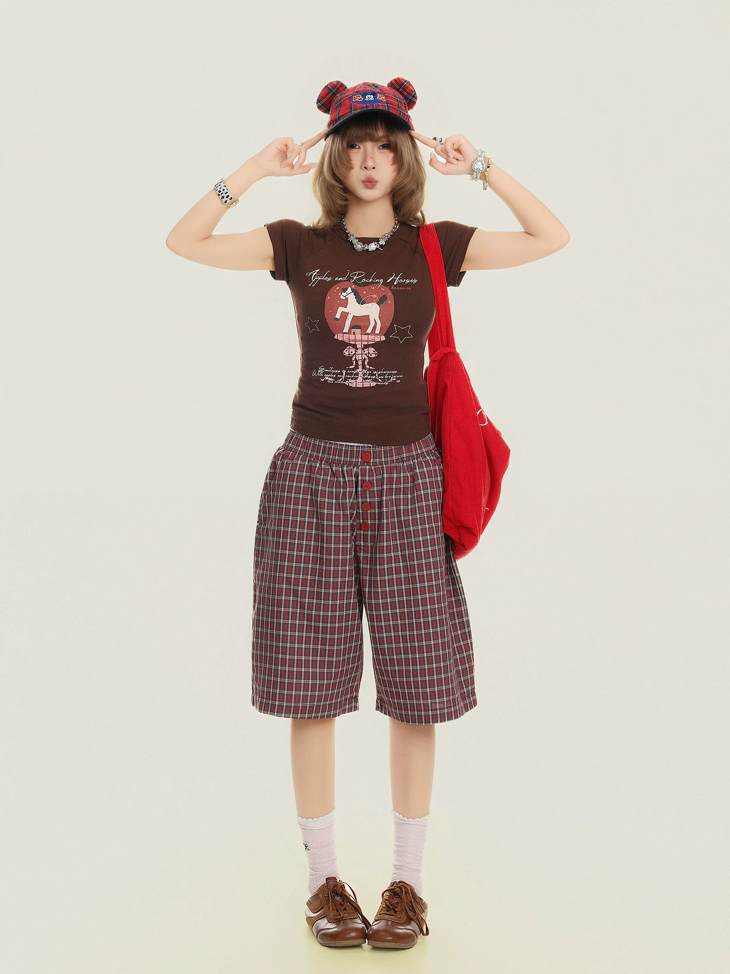 Áo thun ngắn tay kiểu Raglan Bulu Biscuit American Sweet Cool Spicy Girl dành cho nữ, áo ngắn cổ tròn vừa vặn mùa hè.