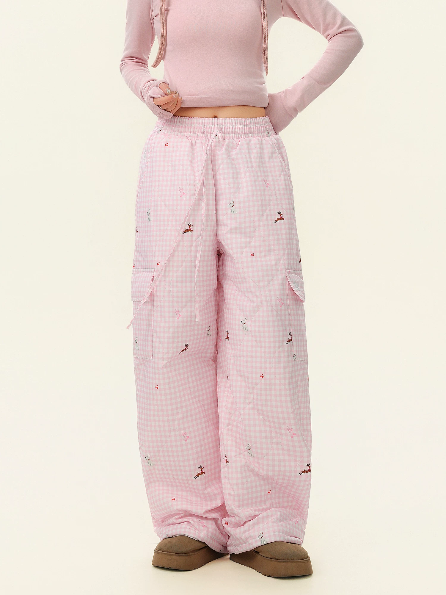 Quần cotton ống rộng có dây rút kẻ sọc dành cho nữ, quần ống rộng ấm áp mùa đông, quần thường ngày ống rộng.
