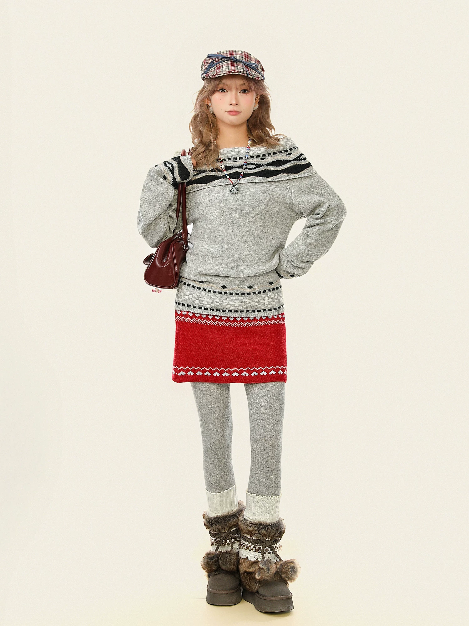 Áo len trễ vai kiểu Fair Isle ngọt ngào phong cách Hàn Quốc dành cho nữ, trang phục Giáng sinh mùa thu đông, áo dệt kim kiểu dáng lười biếng.